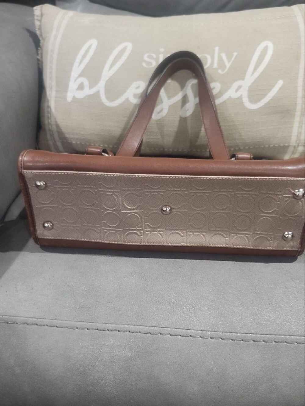 Salvatore Ferragamo Beige Monogram Satchel with Brown Leather Trim - Picture 4 of 10